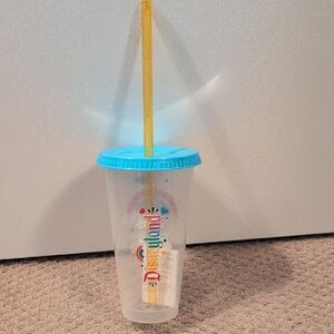Disneyland Plastic Clear Cold Cup Tumbler with Blue Lid and Yellow Straw NWT